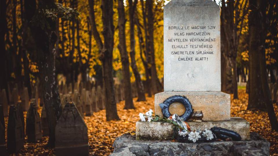 Srgul levelek kzt magasodnak a nemzetiszn szalaggal tkttt srok - a szombathelyi katonai temetben jrtunk
